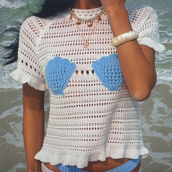 Tops - Crochet Shell Accent Open-Knit Short Sleeve Top - White & Light Blue